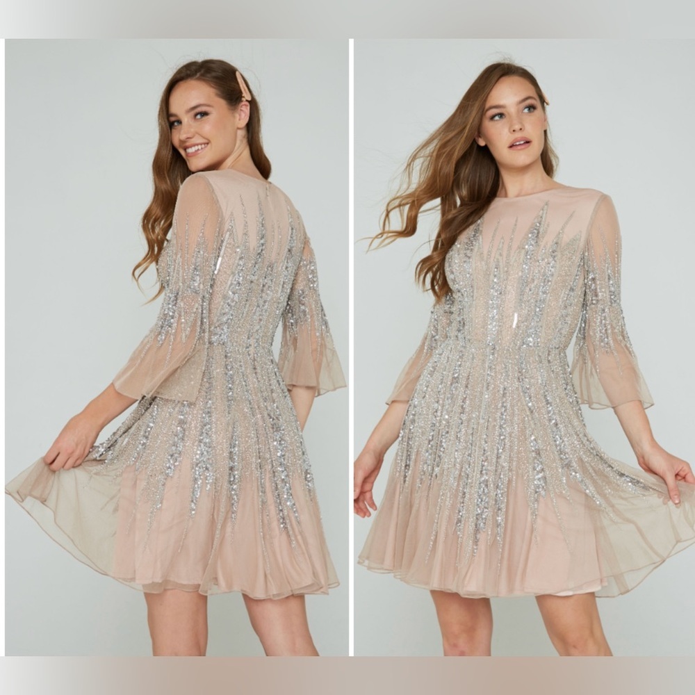 New! Aleta 256 Long Sleeve Beaded Taupe + Silver and Sequin Mini Dress ✨ Size 8